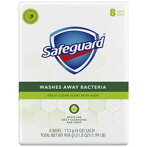Safeguard Antibacterial Bar Soap, White, 8 ea